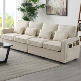 Beige Fabric 104" 4 Seat Linen Sofa with Armrest Pockets and Pillows