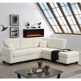 Beige 89.8" 5-seat Linen Fabric Modular Couch/Sofa with Ottoman and Pillows