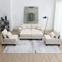 Beige 133" 6 Seat Corduroy Modular Sectional Sofa