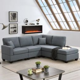 Dark Gray 89.8" 5-Seat Linen Fabric Modular Couch/Sofa with Ottoman and Pillows