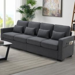 Dark Gray 104" 4 Seat Linen Sofa with Armrest Pockets and Pillows
