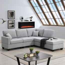 Light Gray 89.8" 5-seat Linen Fabric Modular Couch/Sofa with Ottoman and Pillows