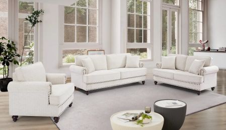 Living Room 3-Piece Chenille White, Sofa, Loveseat, and Single Chair