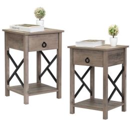 Gray Rustic Nightstand With Drawers Set