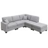 Light Gray 89.8" 5-seat Linen Fabric Modular Couch/Sofa with Ottoman and Pillows