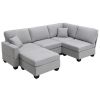 Light Gray 89.8" 5-seat Linen Fabric Modular Couch/Sofa with Ottoman and Pillows