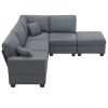 Dark Gray 89.8" 5-Seat Linen Fabric Modular Couch/Sofa with Ottoman and Pillows