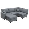 Dark Gray 89.8" 5-Seat Linen Fabric Modular Couch/Sofa with Ottoman and Pillows