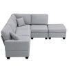 Light Gray 89.8" 5-seat Linen Fabric Modular Couch/Sofa with Ottoman and Pillows