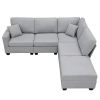 Light Gray 89.8" 5-seat Linen Fabric Modular Couch/Sofa with Ottoman and Pillows
